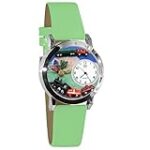 Whimsical Gifts Trains 3D Watch | Silver Finish Small | Unique Fun Novelty | Handmade in USA | Green Leather Watch Band