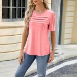 Women Casual Printing Short Sleeves V Neck Loose T Shirt Blouse Tops Striped Womens T Shirt Shirts for Women (a-Pink, L)