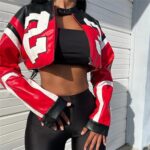 VOIKERDR Leather Jacket Cropped Jacket Motorcycle Jacket Y2K Letter Bomber Jacket Women Faux Leather Jacket Streetwear