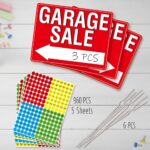Garage Sale Sign, 3PCS Double Sided Yard Sale Signs with 6 Metal Stakes & 960 Sale Price Labels, Large Font, Fluorescent Neon Color, All-Weather Plastic Sign with Arrow for Garage Sale, Outdoor Estate