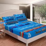 Feelyou Cartoon Car Sheet Set for Kids Boys Girls Vintage Car Sheets with Deep Pocket Fitted Sheet Train Bed Sheets Set Bedroom Decor Retro Steam Train Blue Light Sign Bedding Set Twin Size 3Pcs