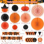 AhfuLife Halloween Party Decorations Supplies Set, Reusable Halloween Decoration Kit Indoor – Happy Halloween Sign Banner for Home, Halloween Pennant Banner, Hanging Paper Tissue Fan