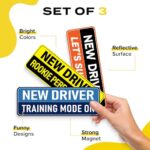 HEY-OKEY 3-Pack New Driver Magnet for Car – Please Be Patient Funny Phrases Reflective Magnetic Rookie Bumper Sticker Set – Reusable Strong Student Safety Bold Attention Signs – Weather-Resistant
