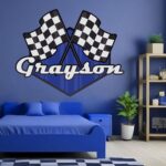 Cars Room Decor for Boys – Race Flag Name Wall Decal – Personalized Wall Art for Boys, Baby, and Kids – Custom Name Wall Decal with Race Car Theme (Race Flags)