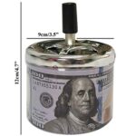 NewFerU Smokeless Metal Tin Push Down Ashtray for Cigarettes Cigars With Spinning Tray Lid Covered Portable Ash Tray Bucket for Home Tabletop,Patio,Sand,Car,Auto,Outdoors,Indoors (Dollar Sign 100)