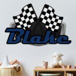 Racing Wall Decal Sticker Art with Custom Name Vinyl Letters and Checkered Flags for Boys Rooms-Personalized Race Car Theme Bedroom Decor, Peel and Stick Decorations for Kids and Teens, You Choose