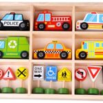 TOOKYLAND Wooden Vehicules and Street Signs Play Set – 16pc – Toy Cars, Trucks and Busses, Ages 3+