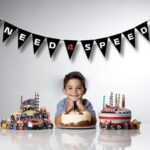 Race Car Banner for Birthday Party – Custom Toddler Milestone Black White Checkered Flag Pennant Sign (4th- Need4Speed Banner)