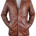 STOREJEES Mens Long Leather Jacket | Car Coat Brown, XL