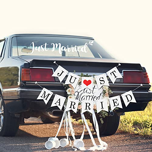 Tallew Just Married Car Decorations Kit - Magnets, Window Decals & Banner For Wedding & Honeymoon