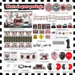 KOTLMIGHT Fast One Birthday Decorations for Boys, 1st Race Car Theme Party Decor Supplies for Baby – Backdrop, Photo Banner, Tablecloth, Fast One Centerpieces, Flags, Fans Pompoms, Wall Signs