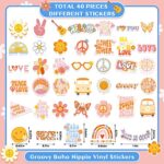 Tudomro 200 Pcs Hippie Stickers Groovy Party Favors Vinyl Waterproof Preppy Retro Stickers 60s 70s Peace Love Sign for Water Bottle Laptop Car, 40 Styles