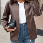 Casly Lamiit Womens Leather Jacket Faux Motorcycle Oversized Casual Zip Up Fall Bomber Coat Trendy Winter Clothes Outwear Brown 2XL