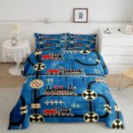 Erosebridal Cartoon Train Bedding Sets Twin for Toddler Kids Boys Vintage Steam Engine Comforter, Travel Railway Track Transportation Bedding Construction Traffic Signs Retro Car Decor Quilt