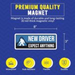 Magnet Me Up New Driver Expect Anything Magnet Decal – 3×8 Inch Funny Caution Sign, Learner Driver Magnet for Car, UV Printed Full Color, Durable Waterproof Vinyl, Made in USA